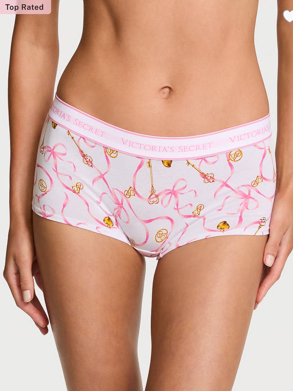 VS Women’s M New White Pink Gold Ribbon Print Cotton Blend Shortie Boy Shorts